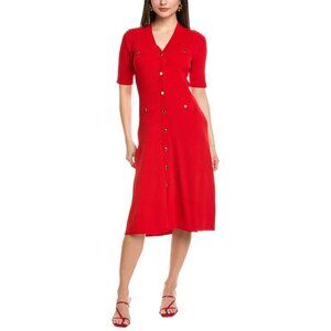 Anne Klein Women's Red Ribbed Gold-Button-Front A-Line Dress Retail $139 NWT